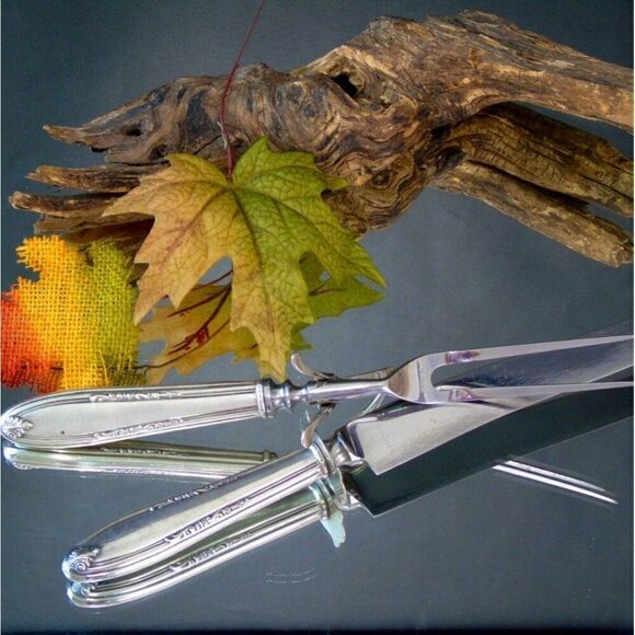 Antique Meat Carving Set Fork and Knife Set Sterling Silver Handle Holiday Table - Picture 1 of 5
